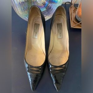 Jimmy Choo Black Snakeskin Pumps with Corset Detail